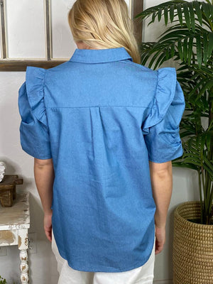 Chambray Collared Frilled Button Down S-3XL