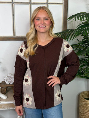 Brown or Olive Top with Floral Applique Flowers S-3XL