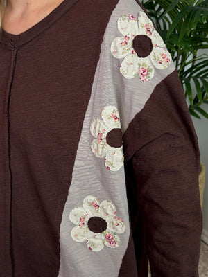 Brown or Olive Top with Floral Applique Flowers S-3XL