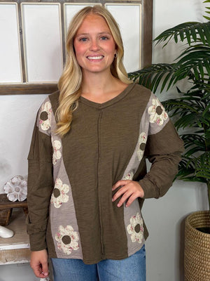 Brown or Olive Top with Floral Applique Flowers S-3XL