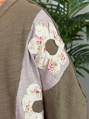 Brown or Olive Top with Floral Applique Flowers S-3XL