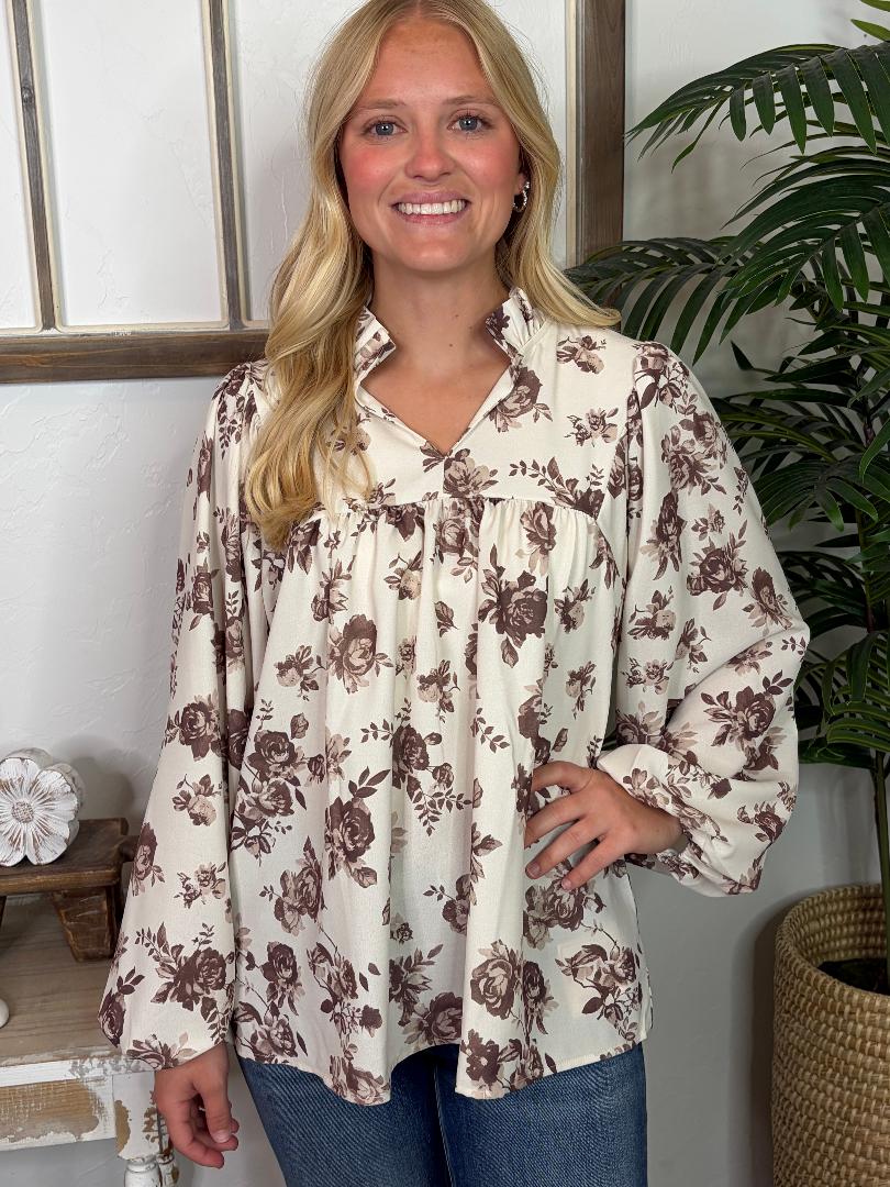 Oatmeal Blouse with Brown Flowers with Ruffle Details in Regular & Curvy