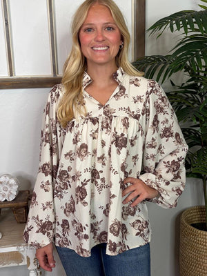 Oatmeal Blouse with Brown Flowers with Ruffle Details in Regular & Curvy