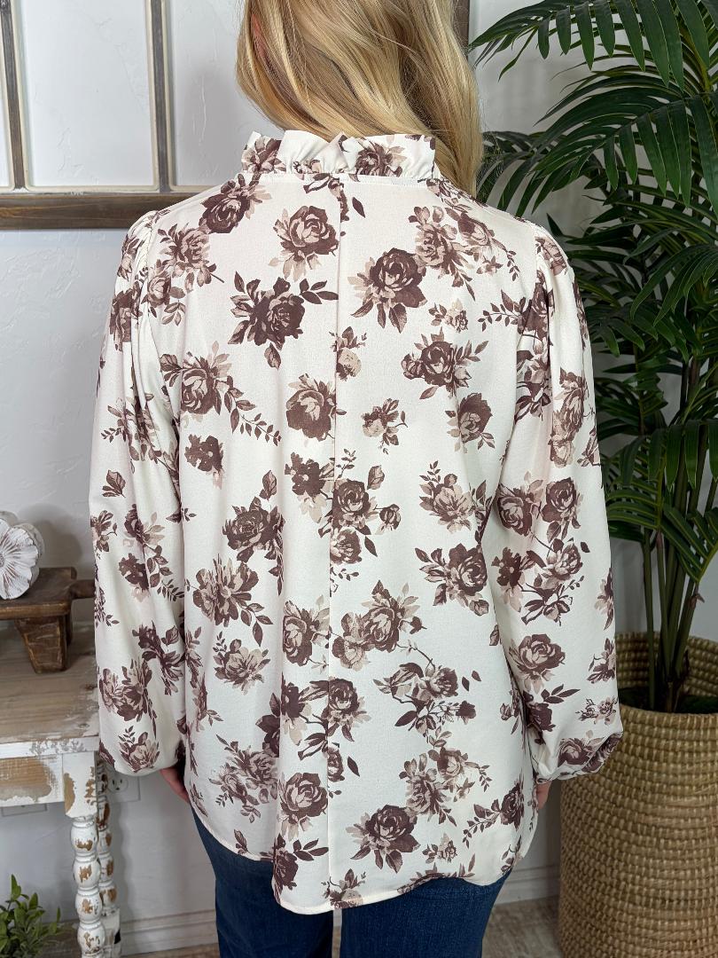 Oatmeal Blouse with Brown Flowers with Ruffle Details in Regular & Curvy