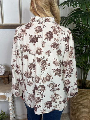 Oatmeal Blouse with Brown Flowers with Ruffle Details in Regular & Curvy