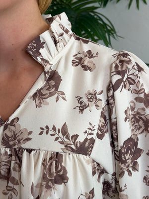 Oatmeal Blouse with Brown Flowers with Ruffle Details in Regular & Curvy