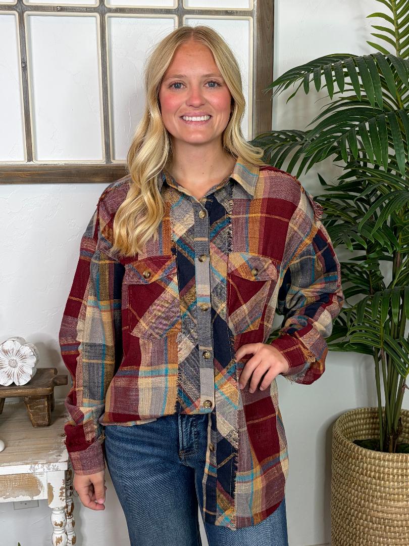 Fall Plaid Long Sleeve with Shirring Detail in Regular & Curvy