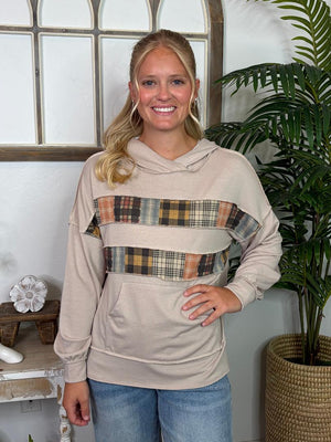 Fall Plaid Oversized Hooded Top with Pocket