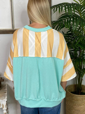 Butter/Aqua or Mint/Blush Striped Top with Flutter Sleeves
