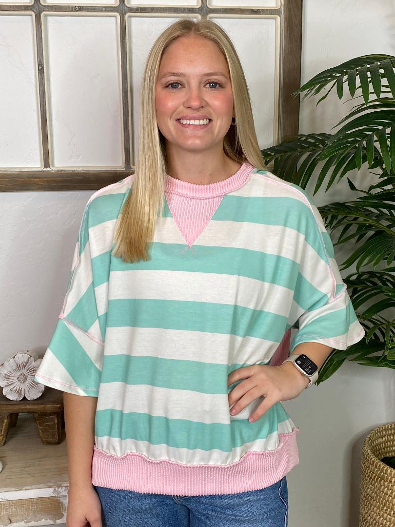 Butter/Aqua or Mint/Blush Striped Top with Flutter Sleeves