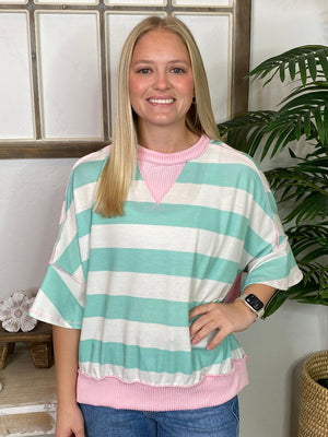 Butter/Aqua or Mint/Blush Striped Top with Flutter Sleeves