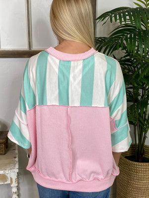 Butter/Aqua or Mint/Blush Striped Top with Flutter Sleeves