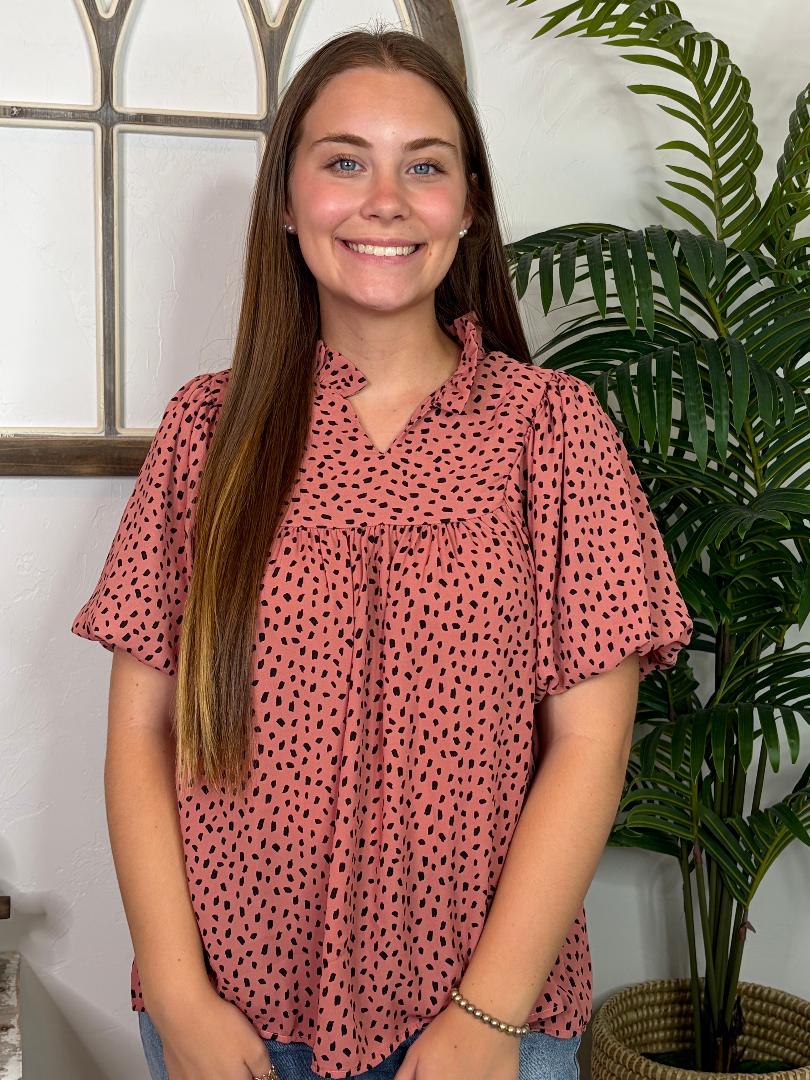 Mauve Dot V-Neck Blouse with Ruffles S-3XL