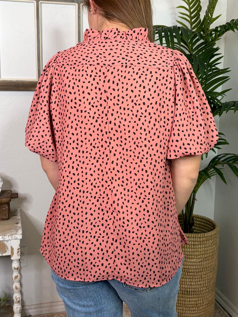 Mauve Dot V-Neck Blouse with Ruffles S-3XL