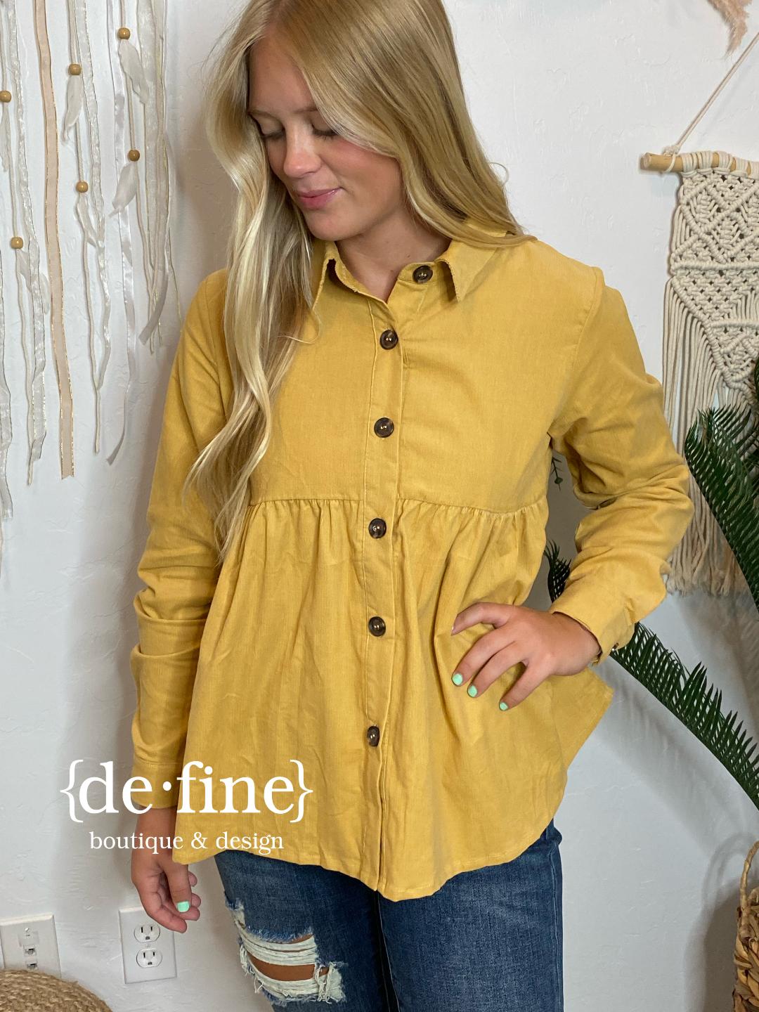 Mustard Mini Corduroy  Button Up Blouse in Regular & Curvy