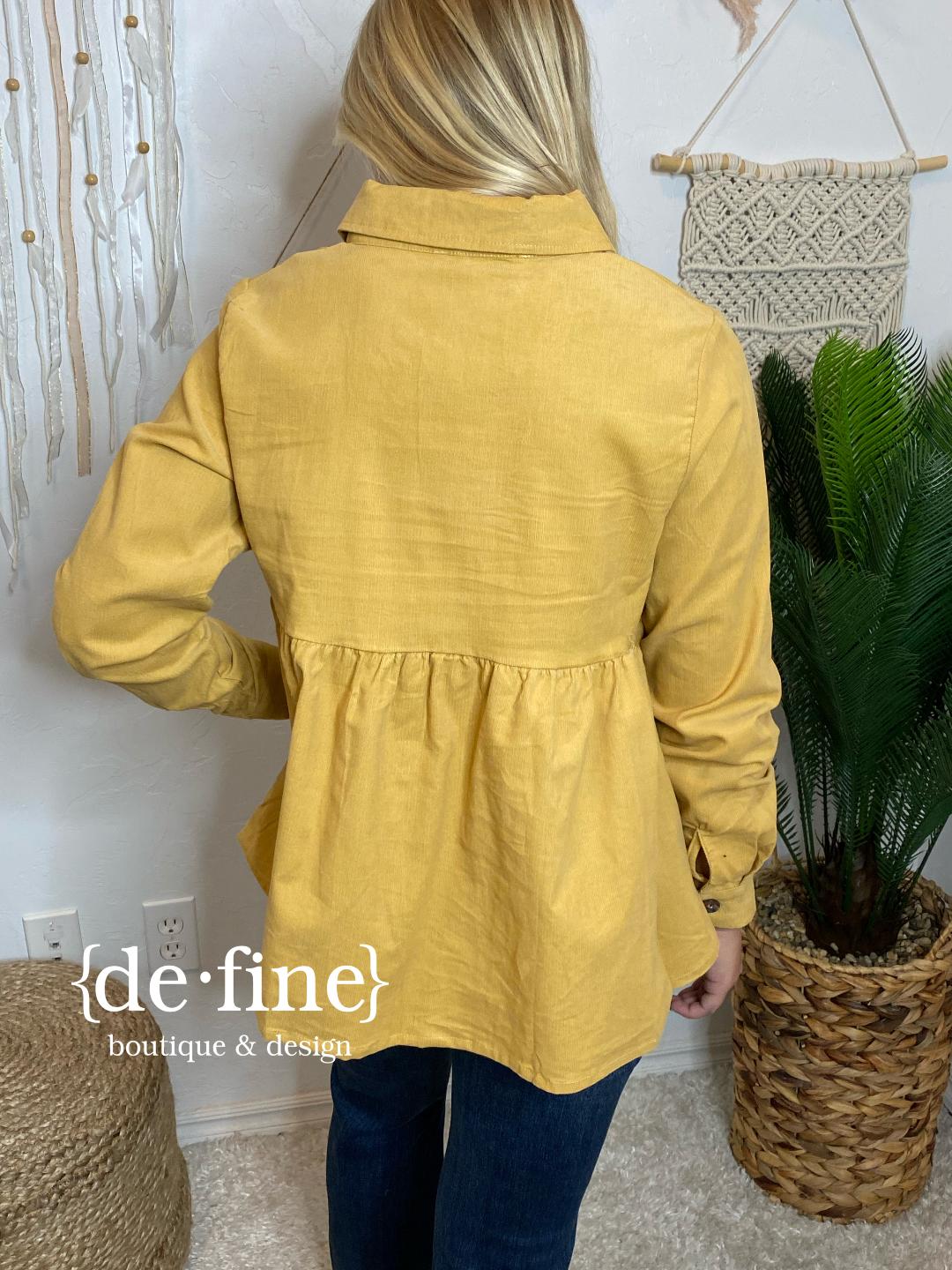 Mustard Mini Corduroy  Button Up Blouse in Regular & Curvy