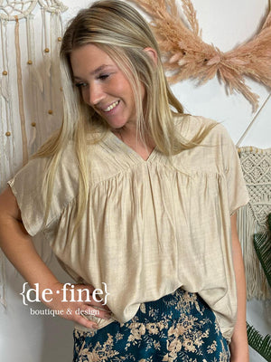 Natural V-Neck Blouse with Pleated Neckline in Regular & Curvy