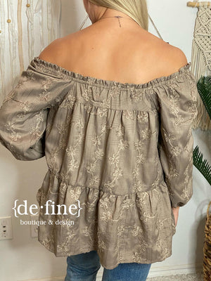 Mocha On or Off Shoulder Top with Chenille Flowers - Regular and Curvy