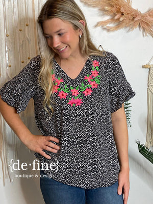 Black Cheetah Dot Top with Pink Embroidered Flowers