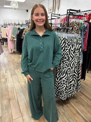 Dark Green Button Top and Wide Leg Lounge Set