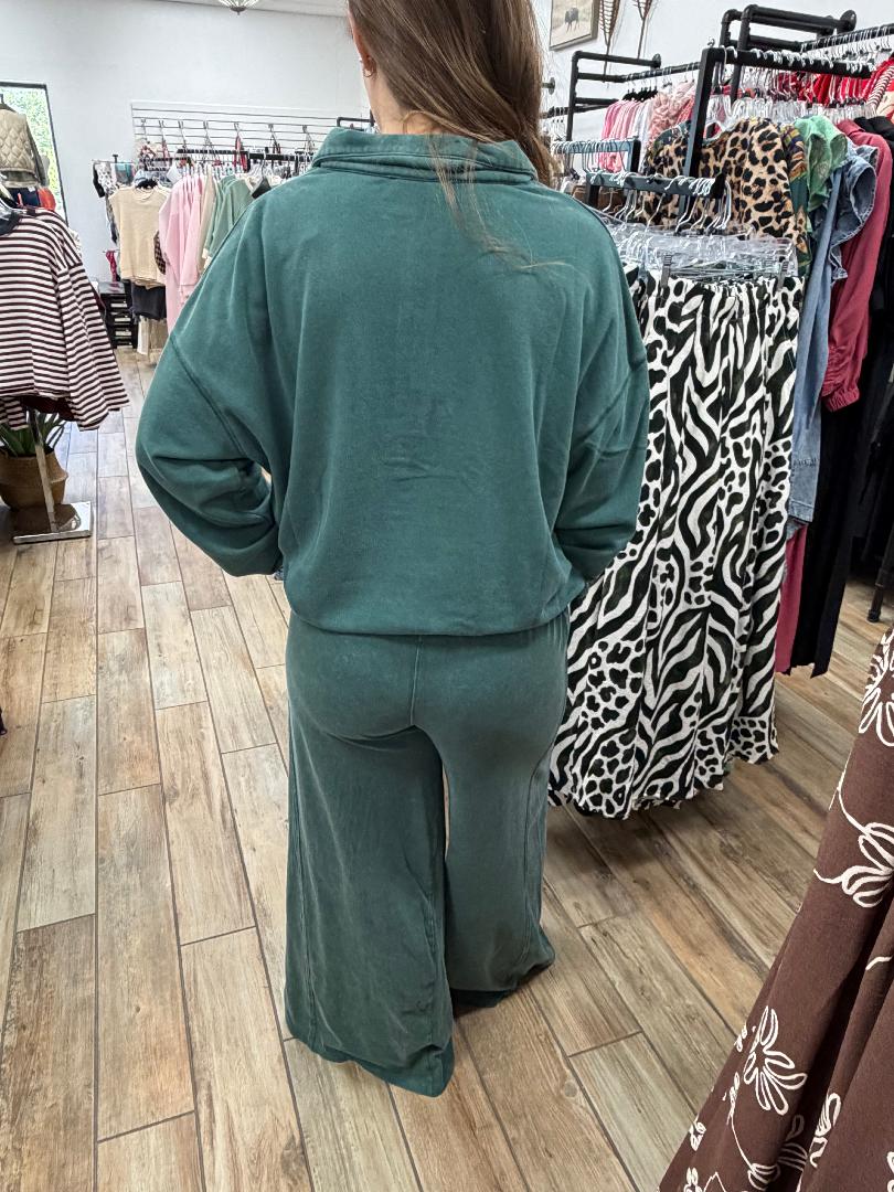 Dark Green Button Top and Wide Leg Lounge Set