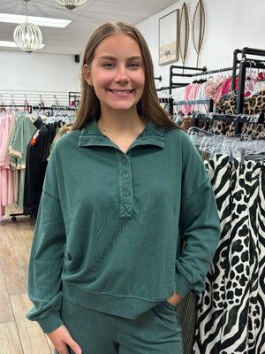 Dark Green Button Top and Wide Leg Lounge Set