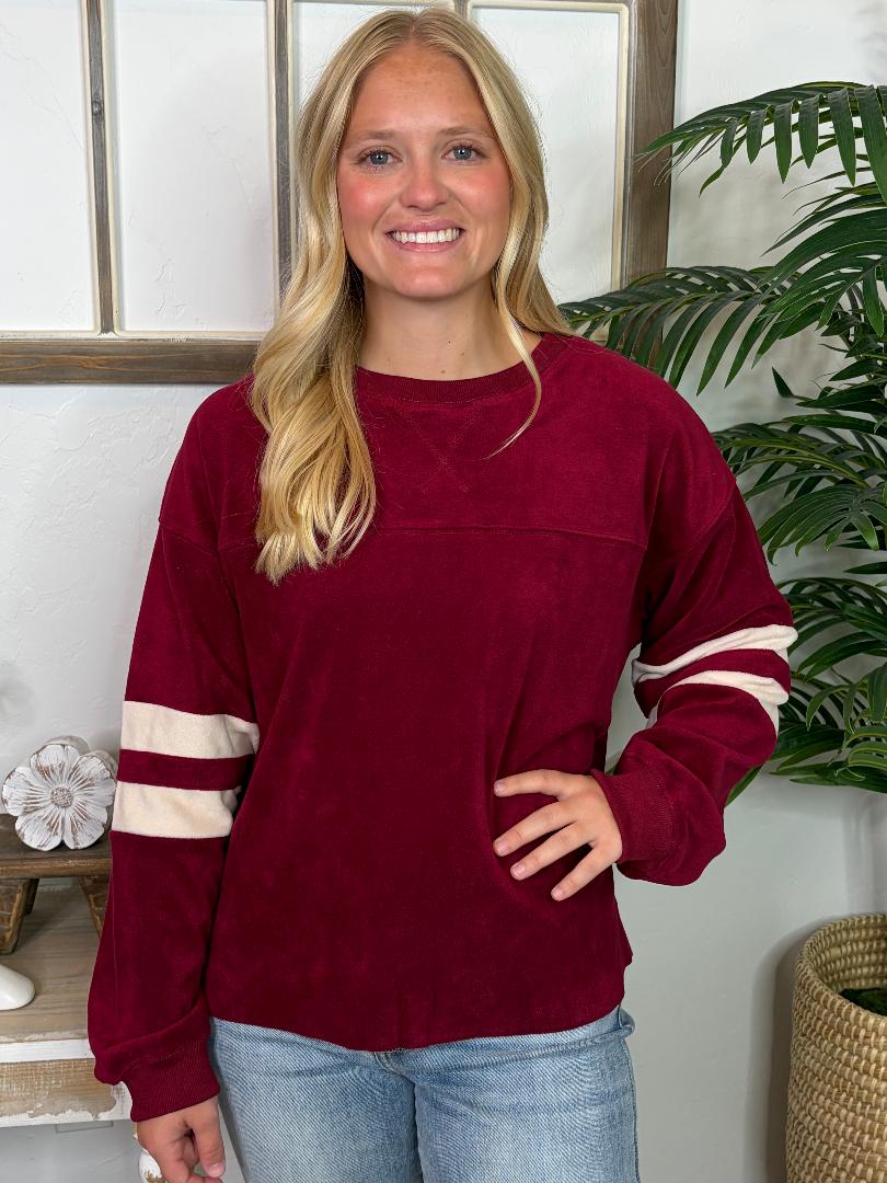 Deep Red Velour Top with White Stripes on Arms