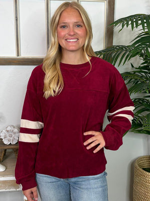 Deep Red Velour Top with White Stripes on Arms