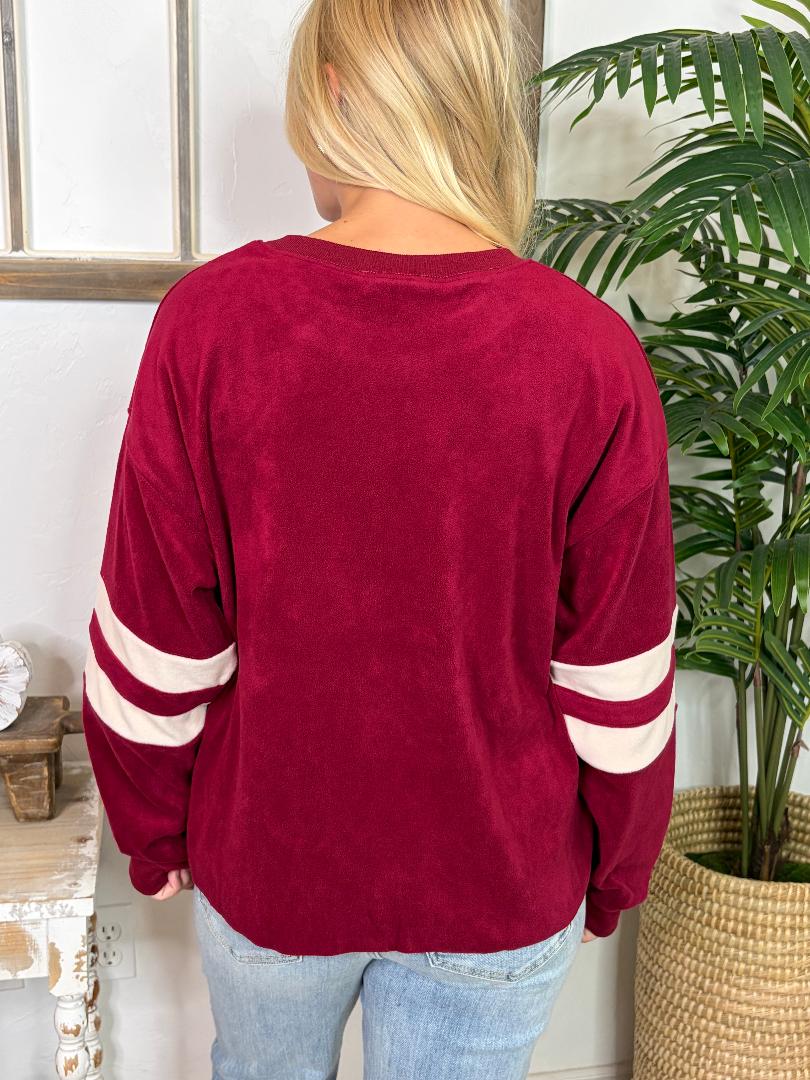 Deep Red Velour Top with White Stripes on Arms