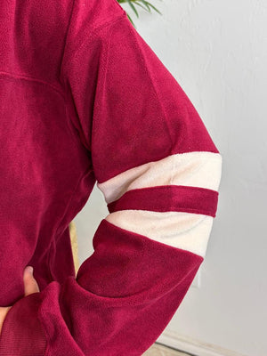 Deep Red Velour Top with White Stripes on Arms