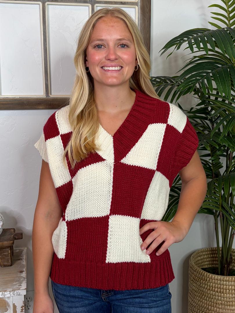 Crimson and White Checker Sleeveless Sweater Top