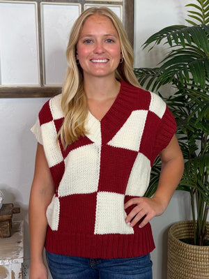 Crimson and White Checker Sleeveless Sweater Top