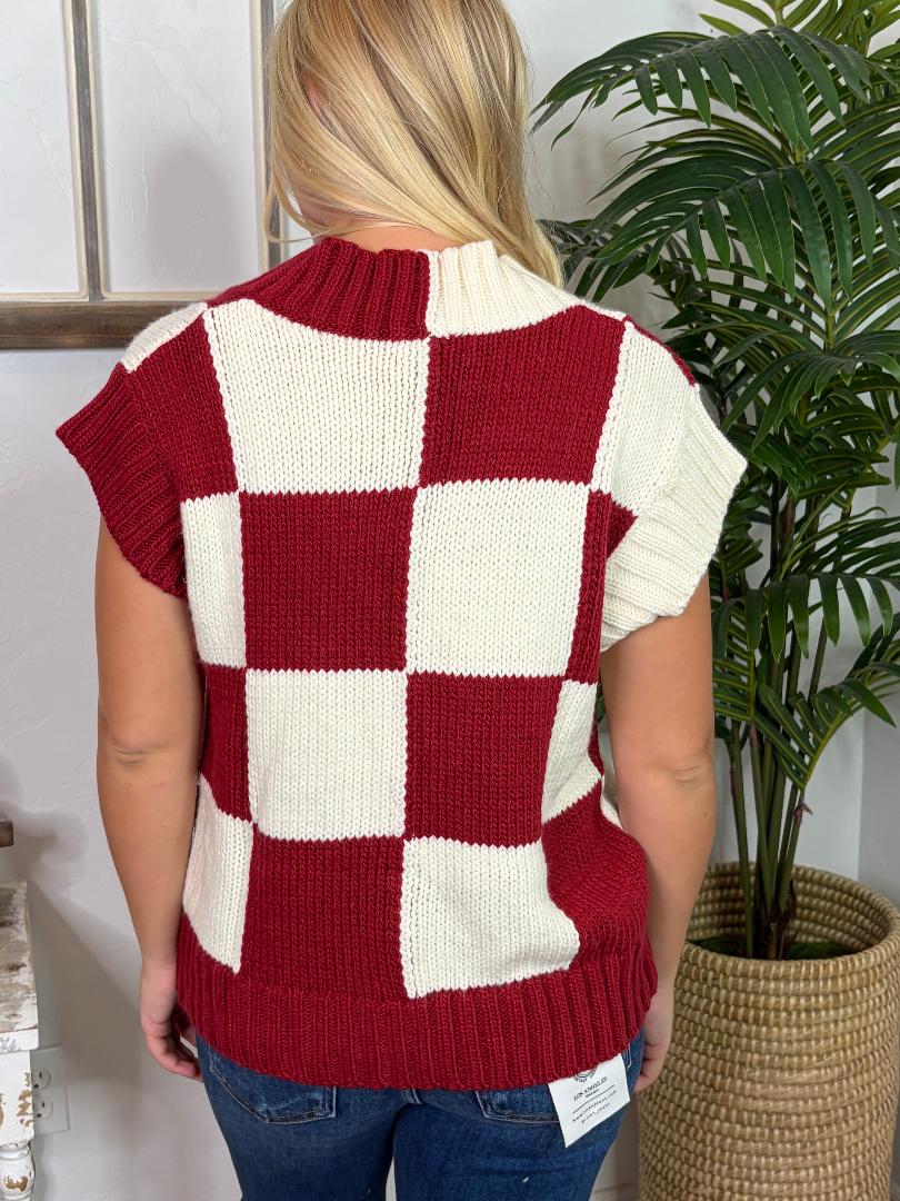 Crimson and White Checker Sleeveless Sweater Top