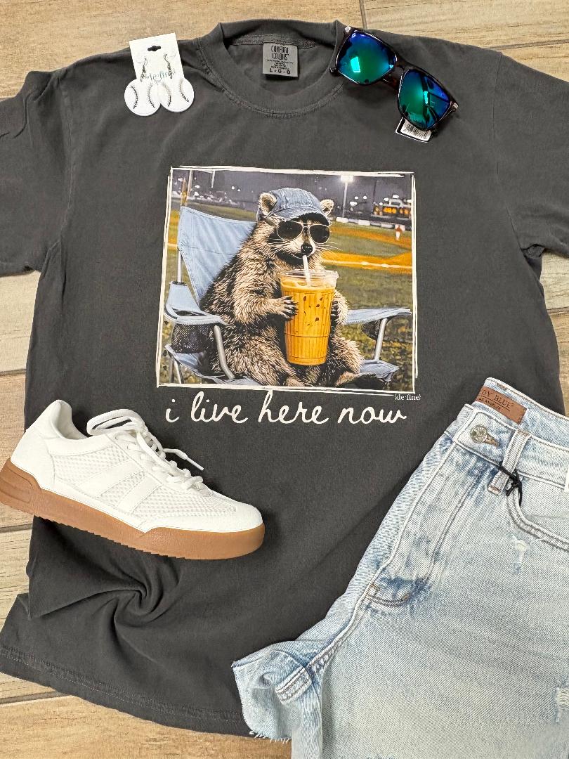 I Live Here Now Ballfield Raccoon Graphic Tee