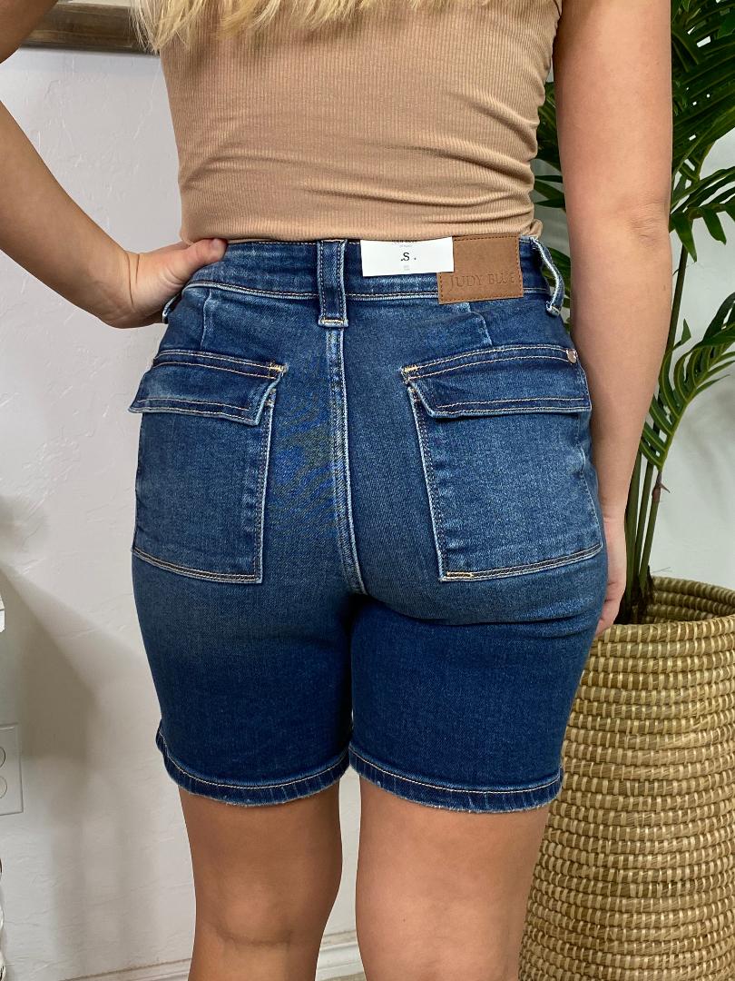 Judy Blue HR Dark Bermuda Shorts Back Flap Pockets S-3XL