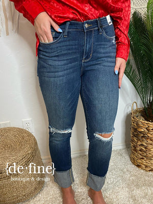 Judy Blue Mid Rise 4" Cuff Destroyed Knee Jeans