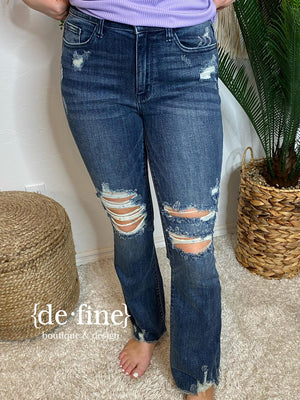 Judy Blue Mid Rise Slim Bootcut Jeans with Distress