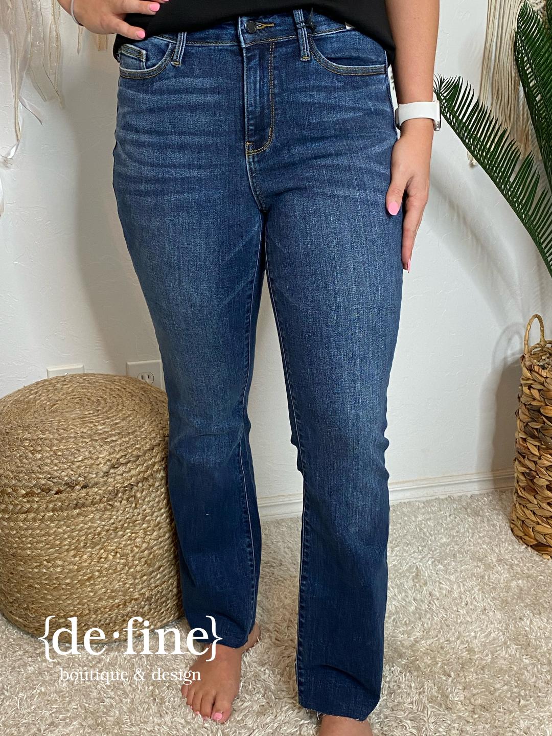 Judy Blue Mid Rise Harsh Contrast Wash & Cut Hem Bootcut Jeans