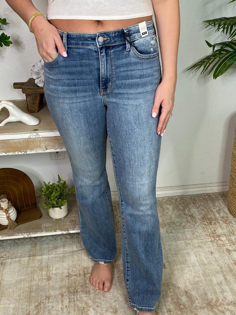 Judy Blue Mid Rise Vintage Wash Boot Cut Jeans with Destroyed Hem