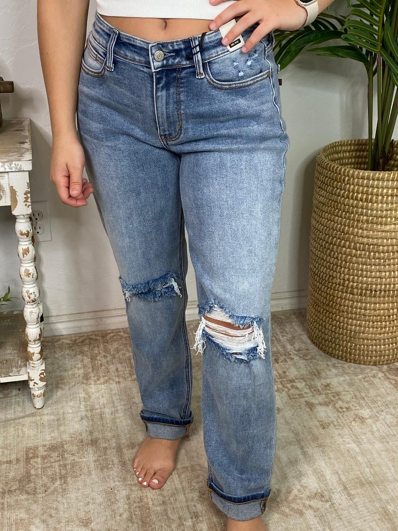 Judy Blue Mid Rise Boyfriend Destroyed Cuffed Jeans