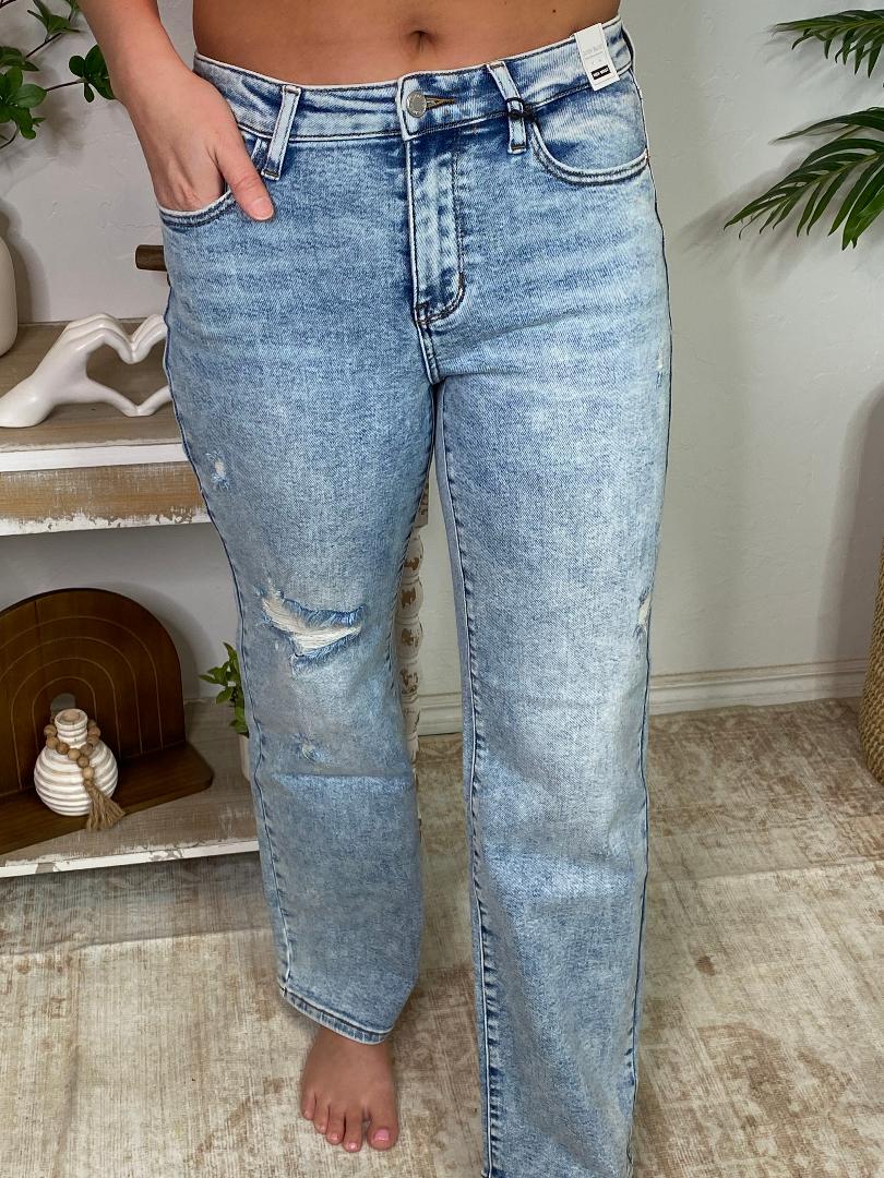 Judy Blue HW Mineral Wash Destroyed 90s Straight Jeans