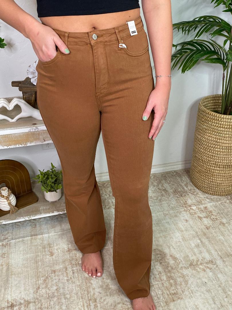 Judy Blue HW Tummy Control Brown Garment Dyed Flare Jeans