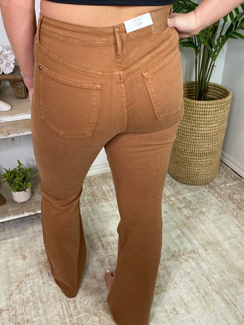 Judy Blue HW Tummy Control Brown Garment Dyed Flare Jeans