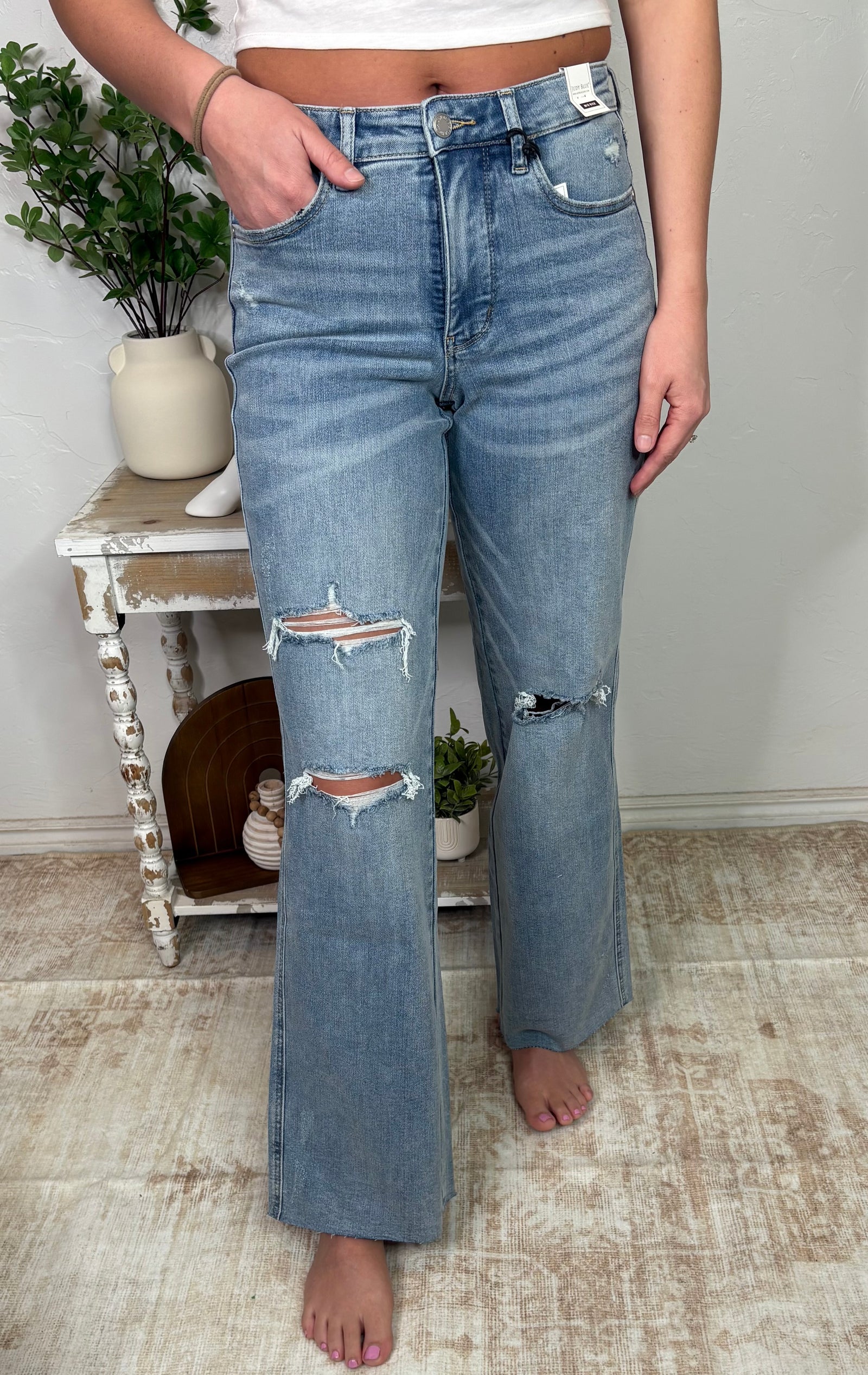 Judy Blue Mid Rise Destroyed Wide Leg Tummy Control Jeans