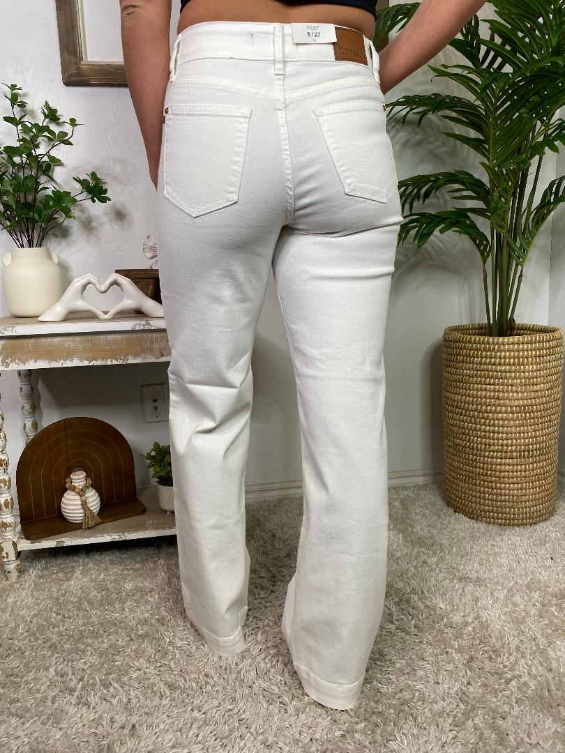Judy Blue White HW Double Button Trouser Wide Leg Jeans