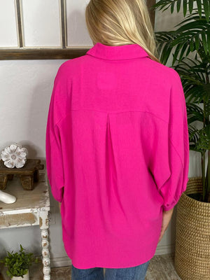 Hot Pink Oversized Button Up Top