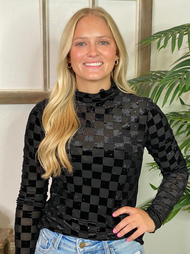 Black or Pink Velvet Check with Glitter Sheer Top - Great for Layering!