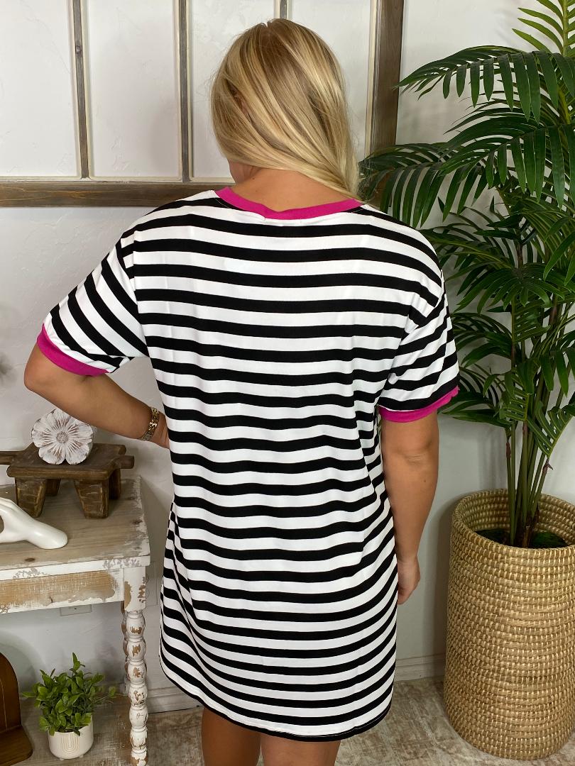 Black and Hot Pink Striped Tee Dress