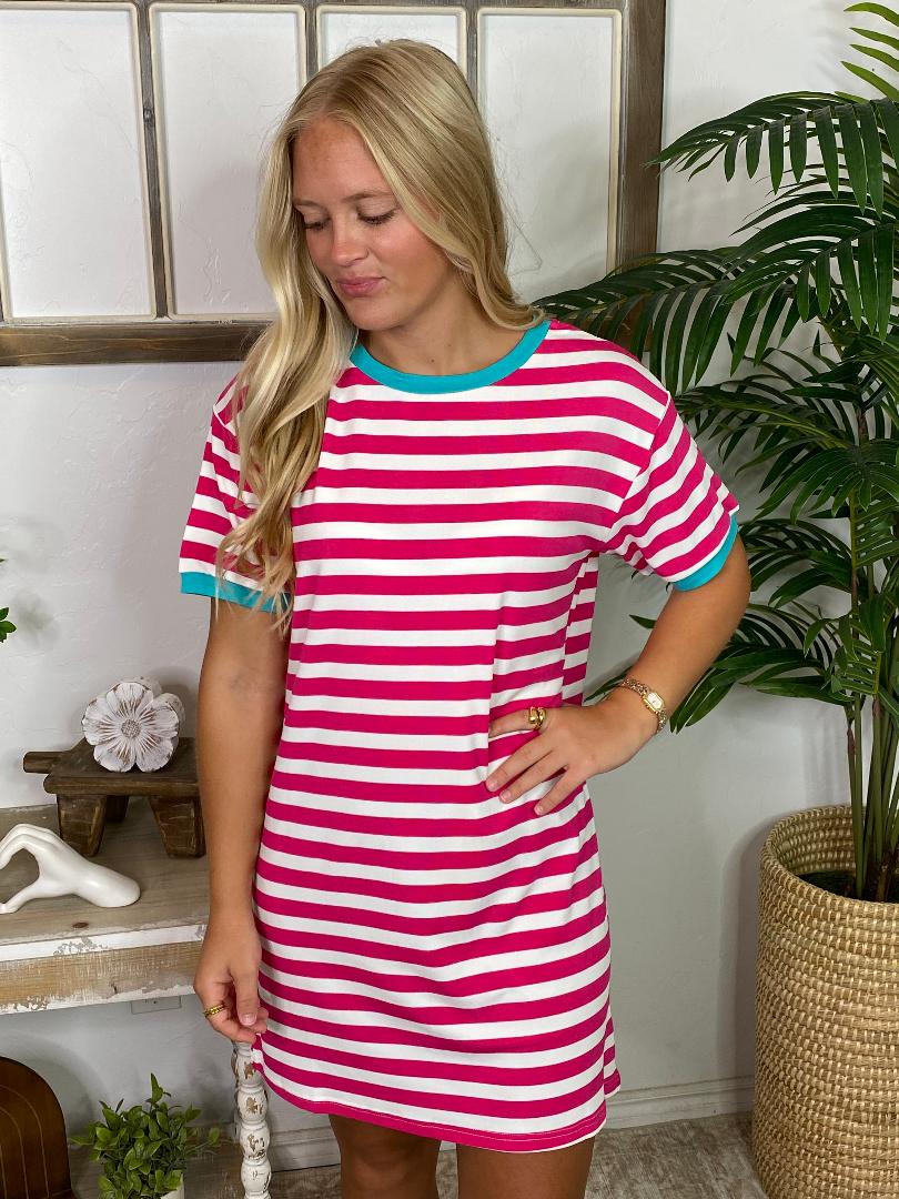 Hot Pink and Teal Striped Tee Dress
