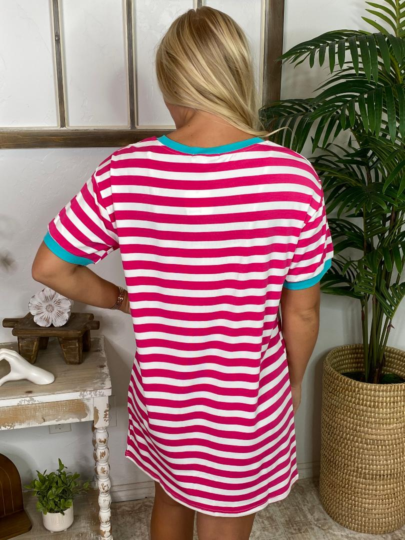 Hot Pink and Teal Striped Tee Dress